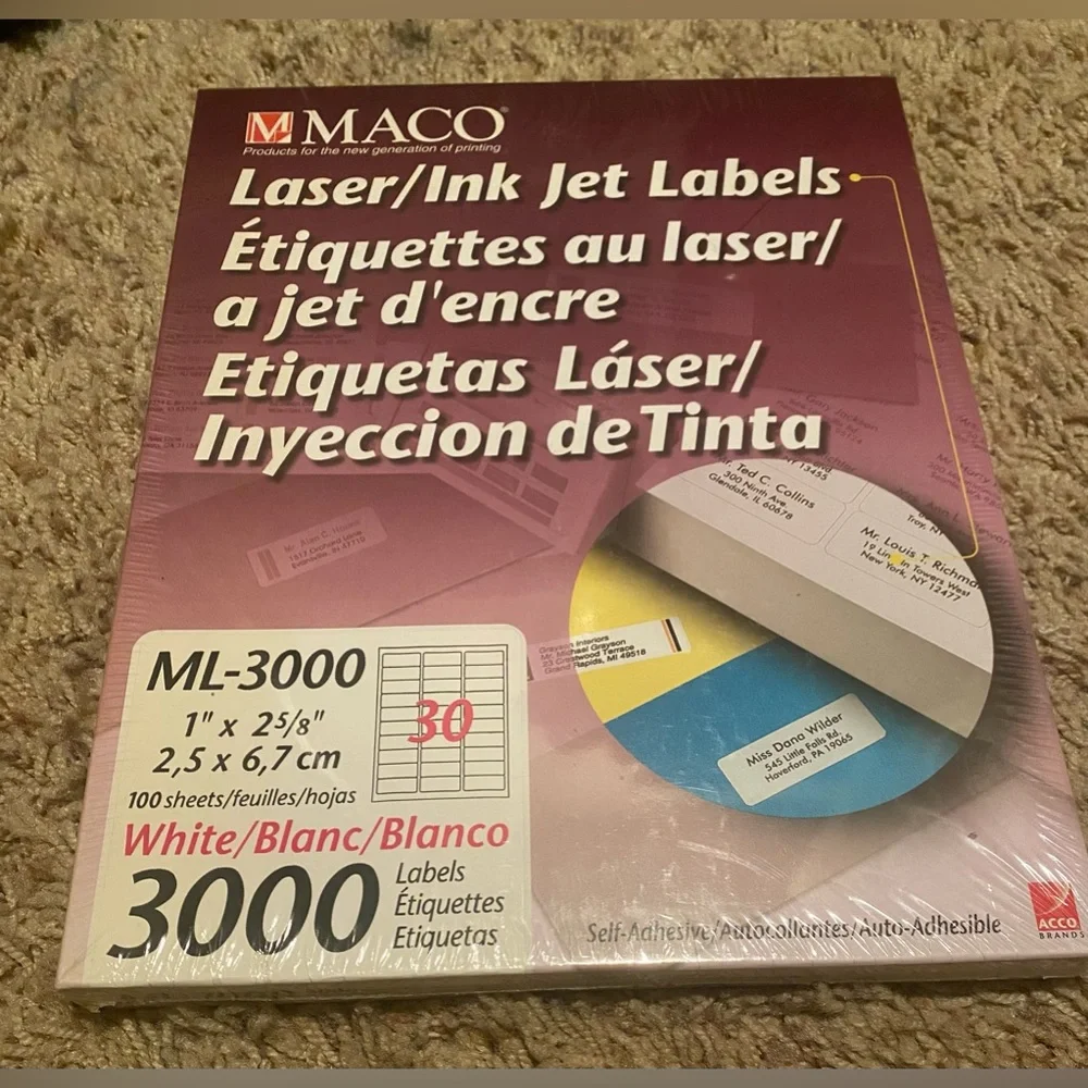Laser/Ink Jet Labels. 100 sheets. 3000 labels. Self-Adhesive.